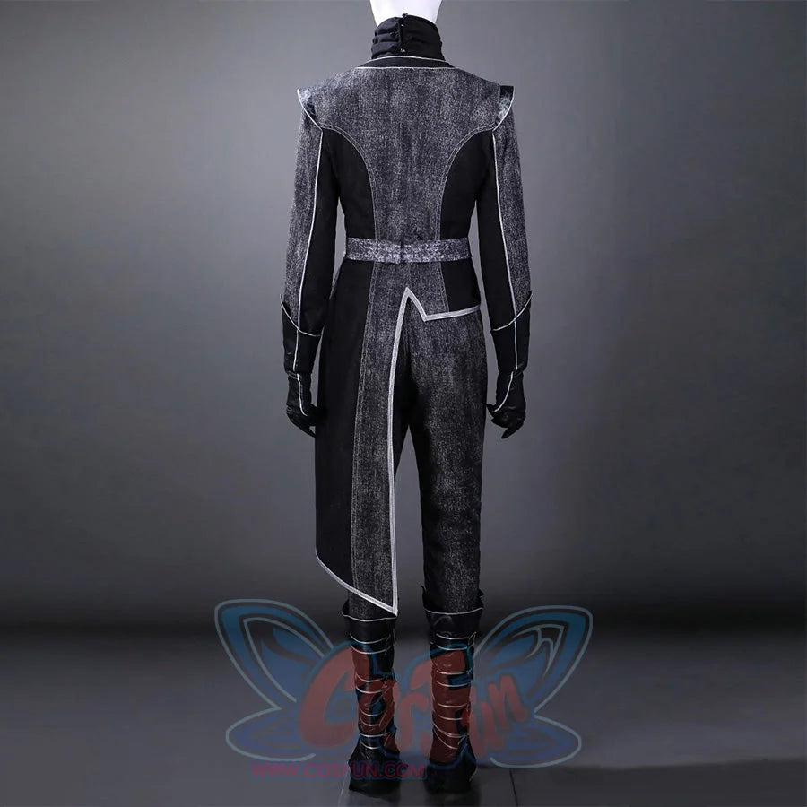 Back view of Alicia cosplay costume displaying detailed jacket construction with silver trim, asymmetric hem design, and black leg straps