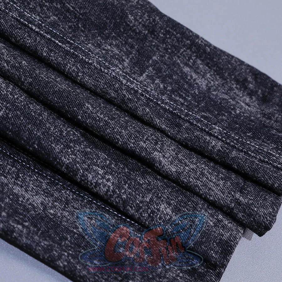 Close-up texture detail of distressed denim fabric used in Alicia cosplay costume