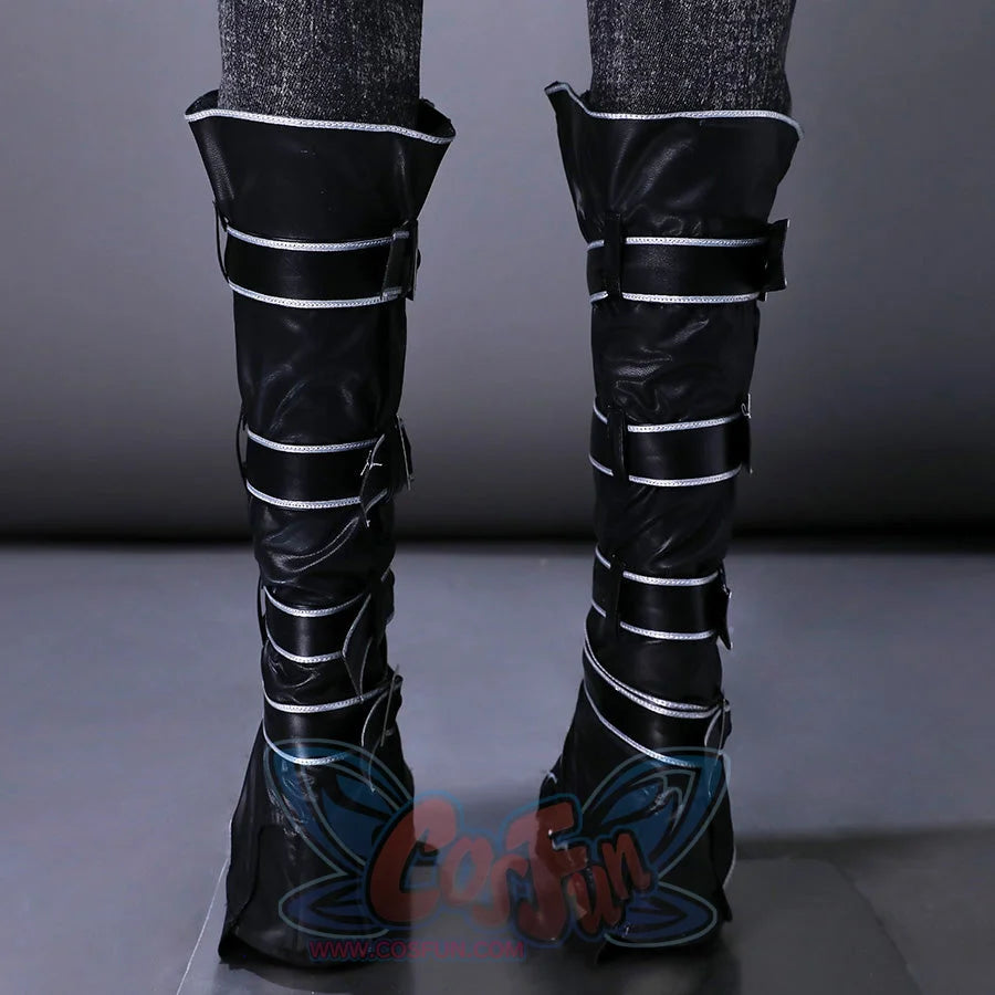 Close-up of black boots with decorative silver strap details from Alicia cosplay costume set