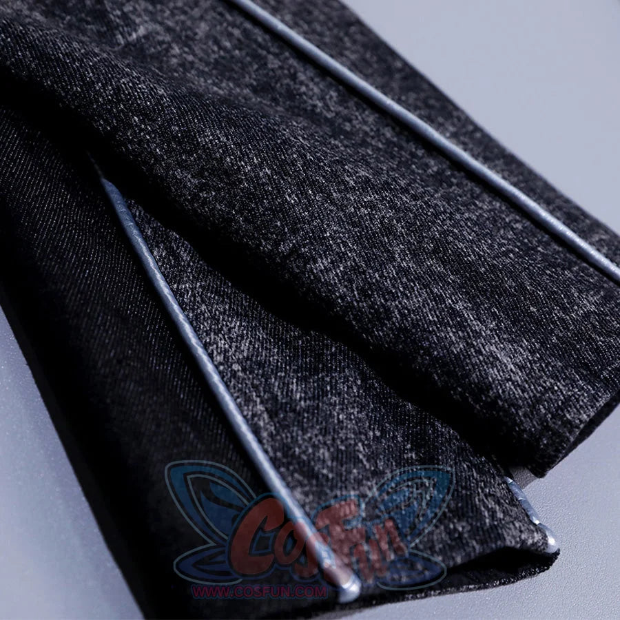 Detail of pants from Alicia cosplay costume showing distressed fabric texture with silver decorative trim accent