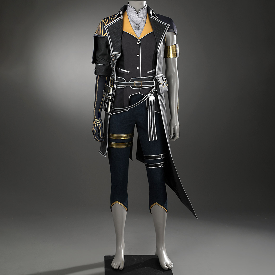 This outfit features an elegant, primarily in black, gold, silver, and deep navy blue tones.