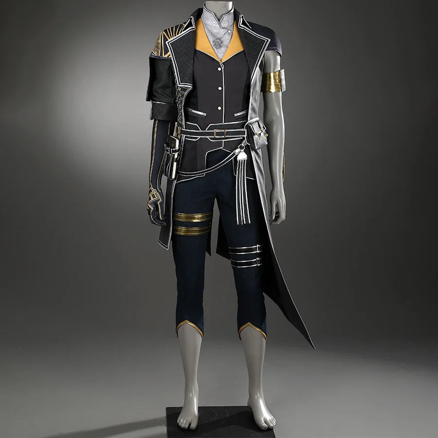 This outfit features an elegant, primarily in black, gold, silver, and deep navy blue tones.