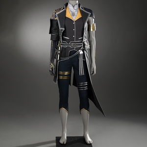 This outfit features an elegant, primarily in black, gold, silver, and deep navy blue tones.