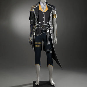 This outfit features an elegant, primarily in black, gold, silver, and deep navy blue tones.