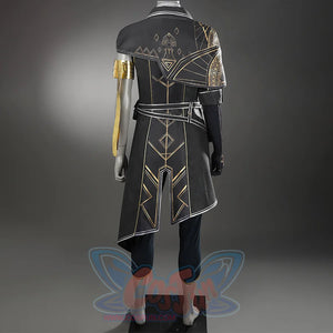 The overcoat has an asymmetrical short shoulder cape, adorned with golden lines.