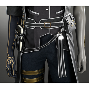The waist is detailed with black belts and fanny pack, adding richness.