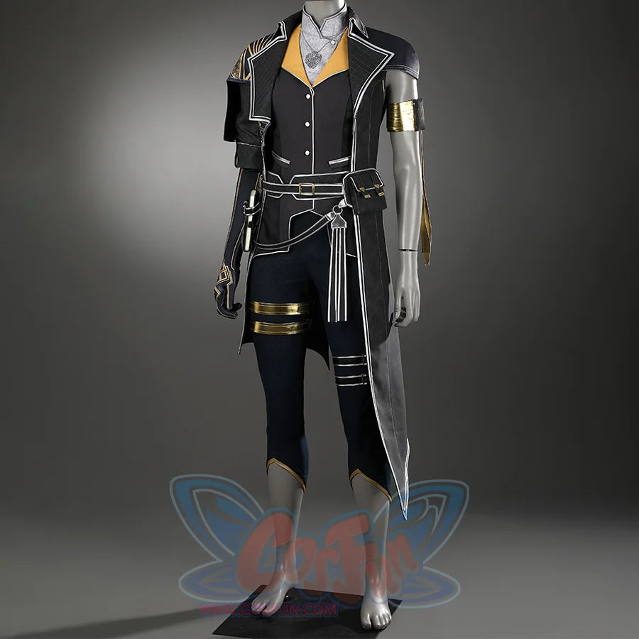 The long overcoat has a striking gold geometric pattern on the right shoulder and a single-sleeve structure on the left side.