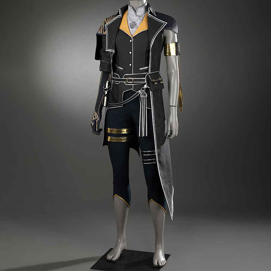 This outfit features an elegant, primarily in black, gold, silver, and deep navy blue tones.