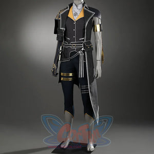 The long overcoat has a striking gold geometric pattern on the right shoulder and a single-sleeve structure on the left side.