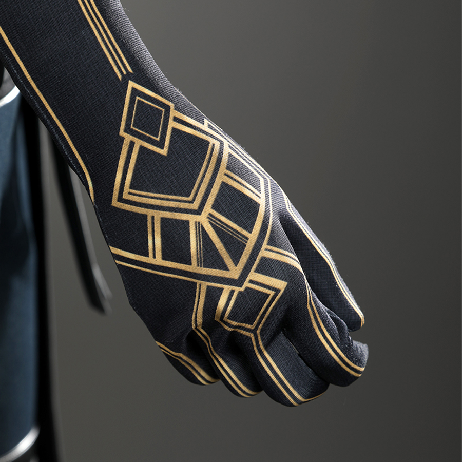 Lune cosplay costume&#39;s black gloves with gold geometric patterns.