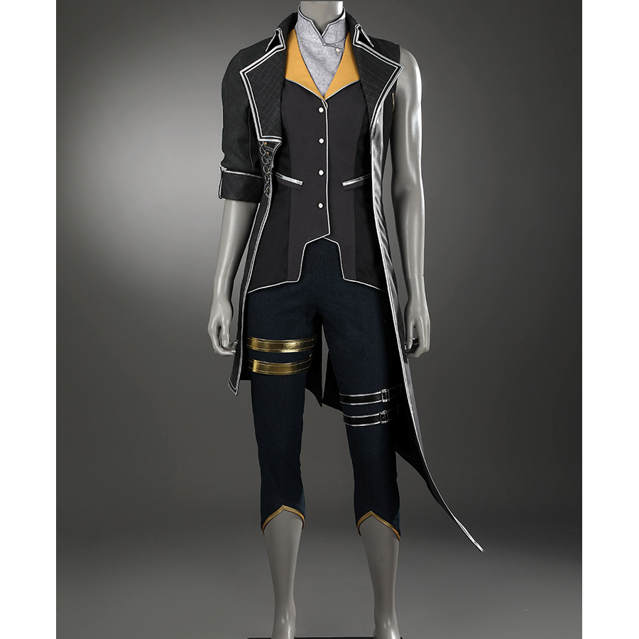This outfit features an elegant, primarily in black, gold, silver, and deep navy blue tones.