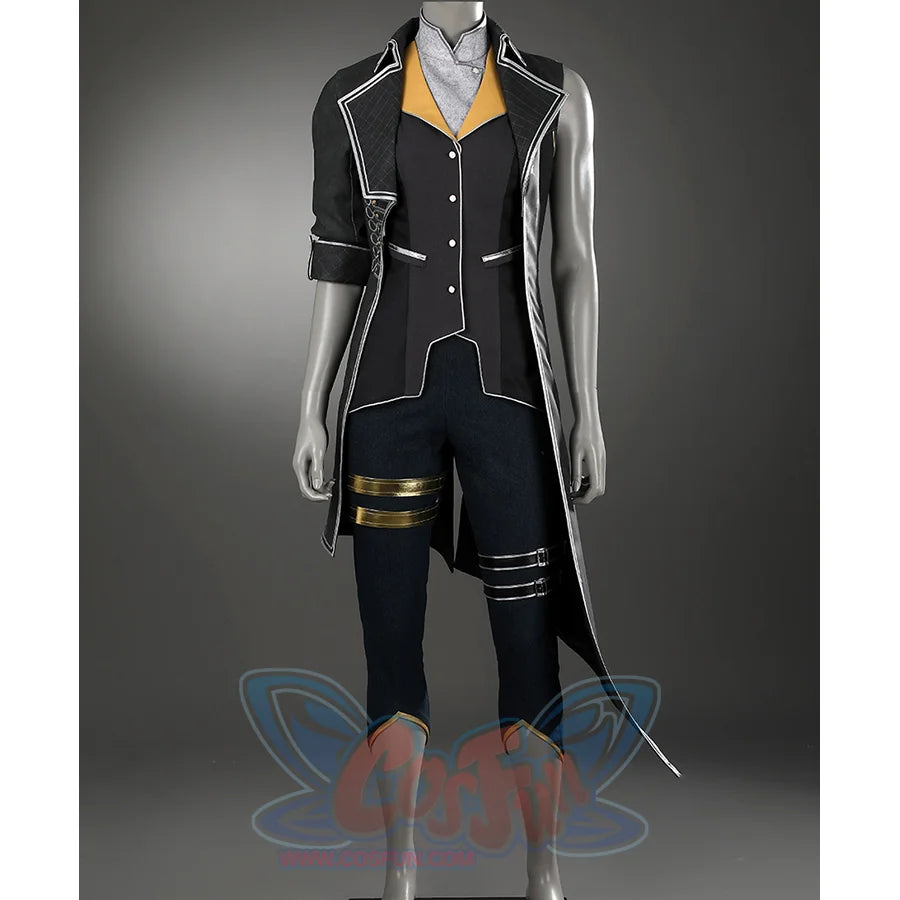 This outfit features an elegant, primarily in black, gold, silver, and deep navy blue tones.