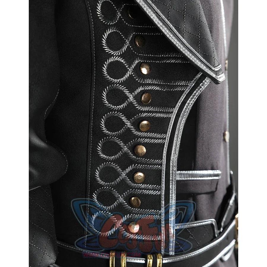 The overcoat has a row of decorative buttons on the right side.