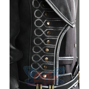 The overcoat has a row of decorative buttons on the right side.