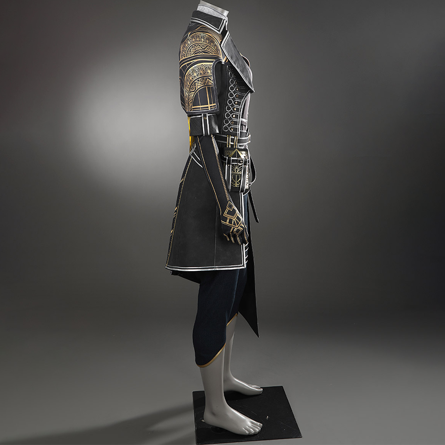 The long overcoat has a striking gold geometric pattern on the right shoulder.