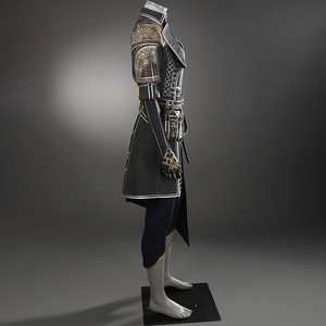 The long overcoat has a striking gold geometric pattern on the right shoulder.