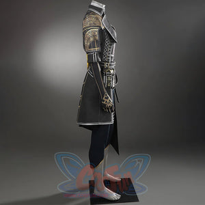 The long overcoat has a striking gold geometric pattern on the right shoulder.