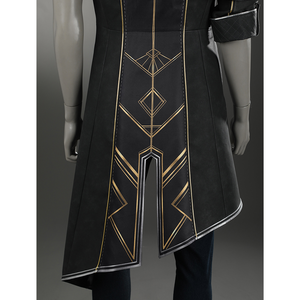 The asymmetrical tailcoat hem completes the look, with intricate gold thread decoration.