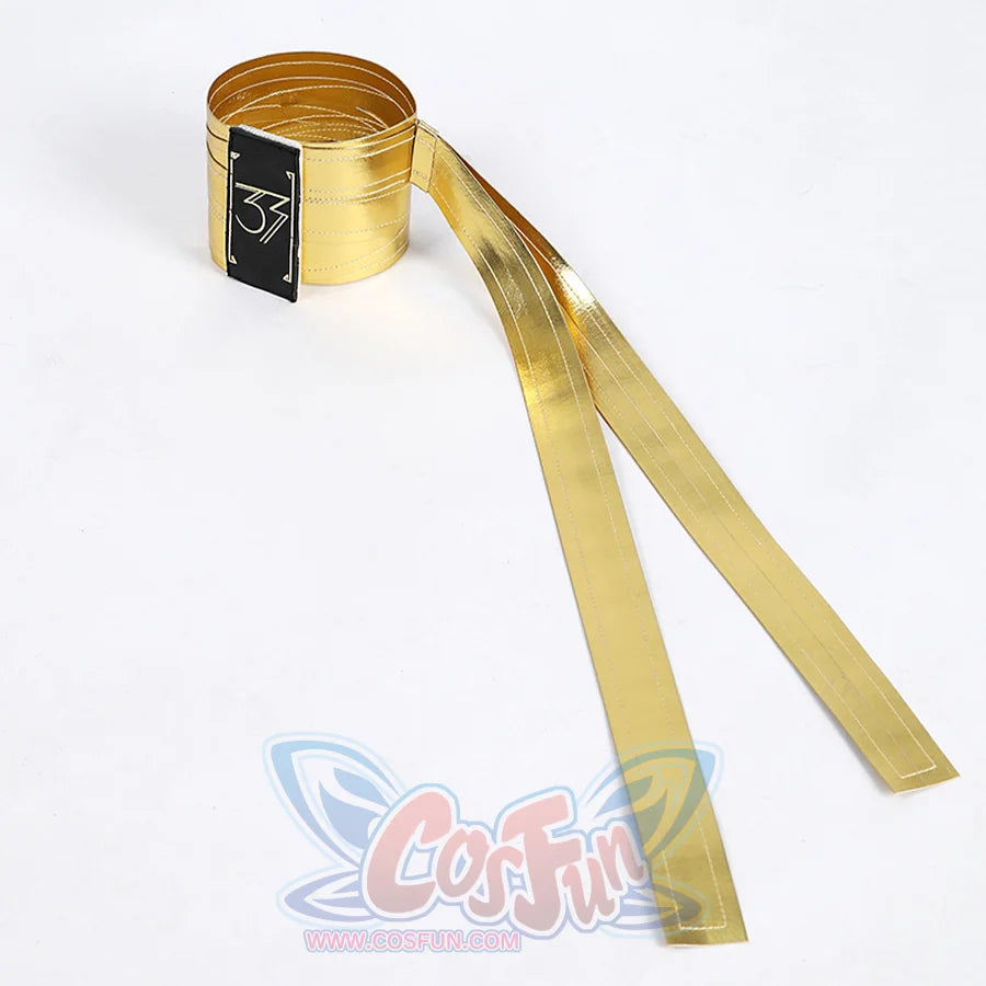 A gold PU leather armband with a black badge bearing the number 