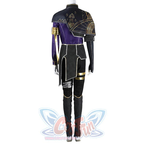 Maelle Cosplay Costume, black and purple outfit, back view, Showcasing irregularly shaped overcoat.