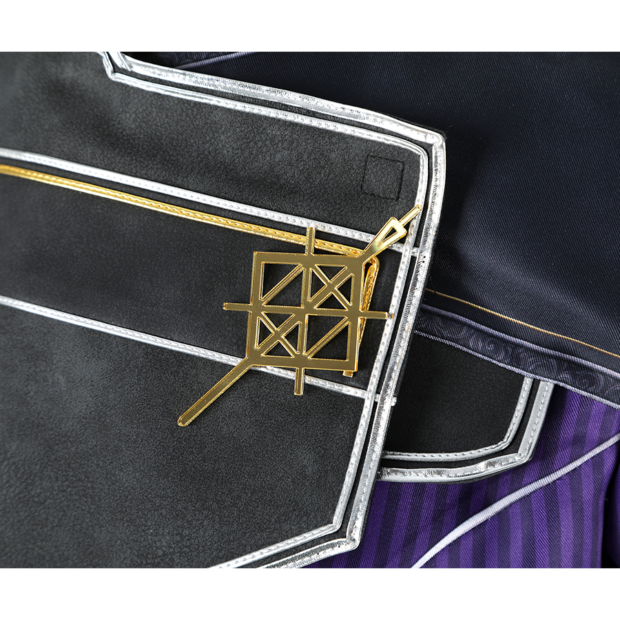 A gold metallic brooch adorns the overcoat, echoing the overall design.