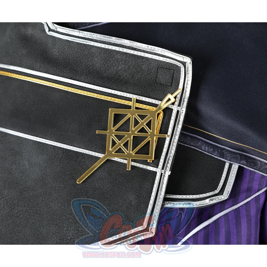 A gold metallic brooch adorns the overcoat, echoing the overall design.