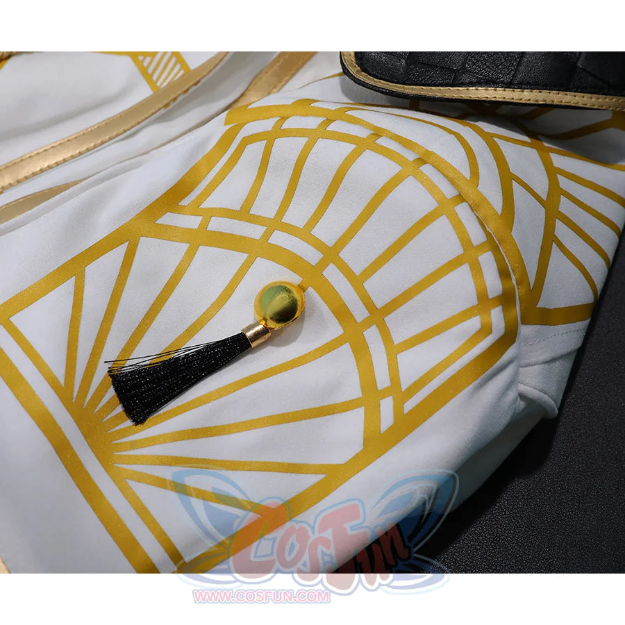 Maelle cosplay costume detail showing gold geometric patterns on white fabric with tassel