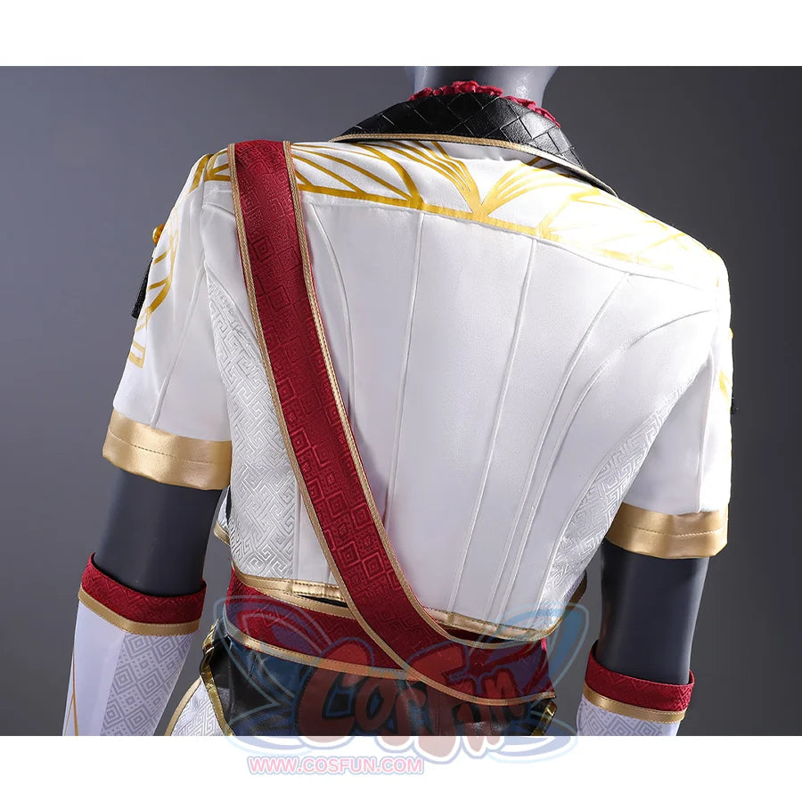 Maelle cosplay costume back detail with red sash, white jacket, gold trim, and sleeve accents
