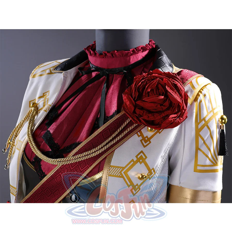 Detail view of Maelle cosplay costume red rose brooch accessory with gold chain accents