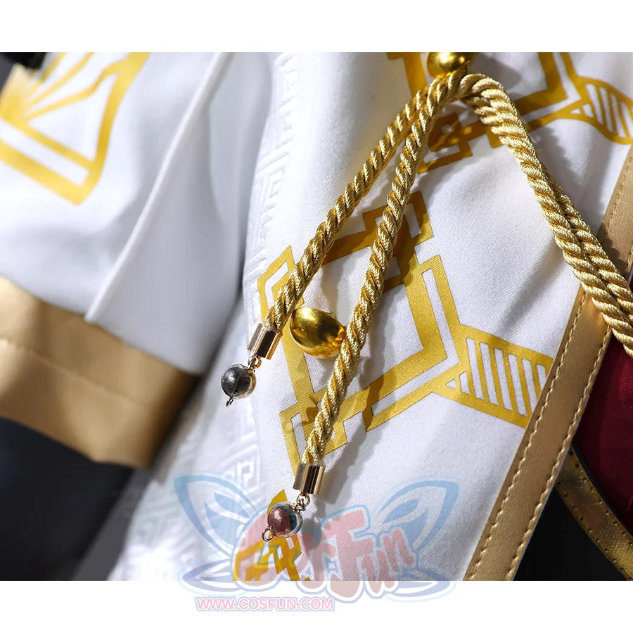 Maelle cosplay costume coat detail featuring gold rope chain with bead accents on white fabric