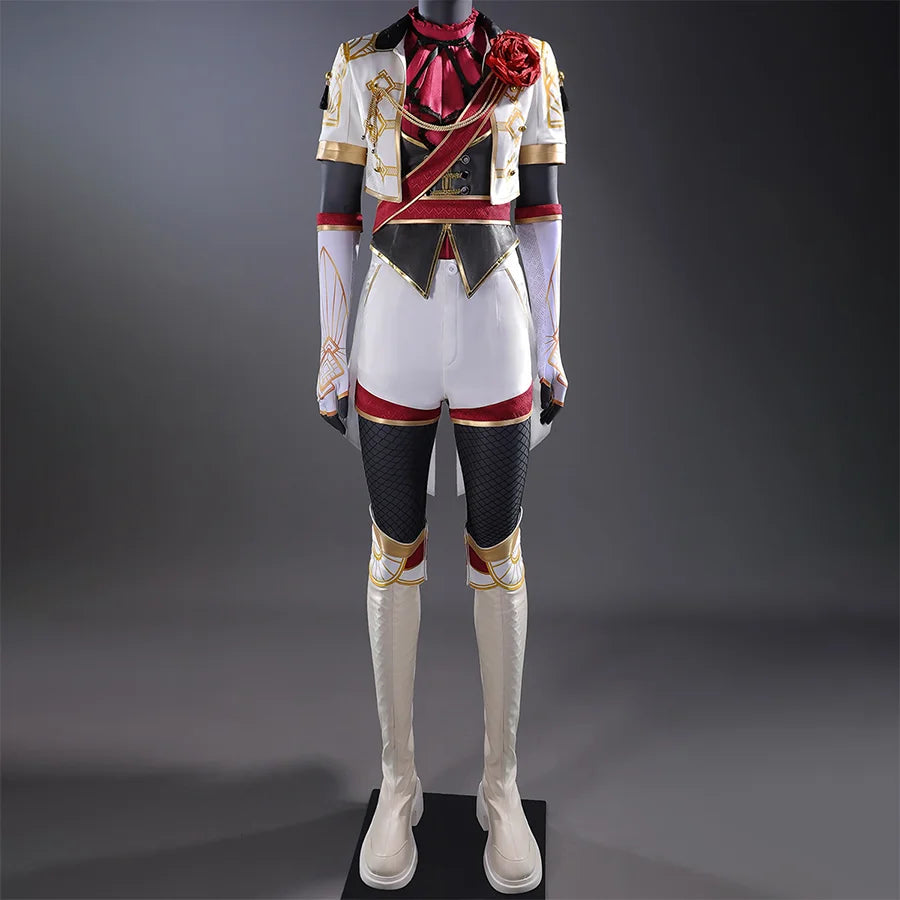 Front view of Maelle cosplay costume featuring white jacket, red sash, gold details, and thigh-high boots