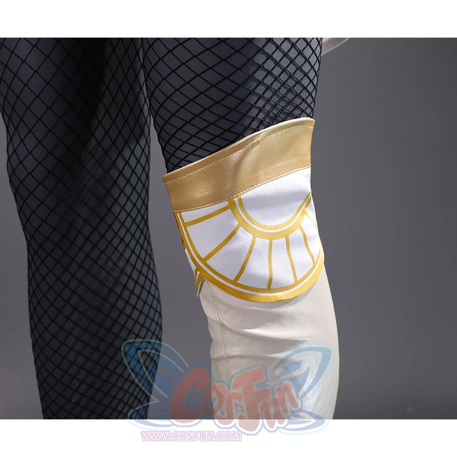 Maelle cosplay costume boot detail with gold geometric design and black fishnet leggings