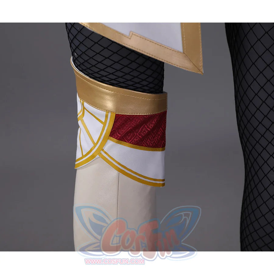 Back view of Maelle cosplay costume boot with red band, gold trim, and white fabric detailing