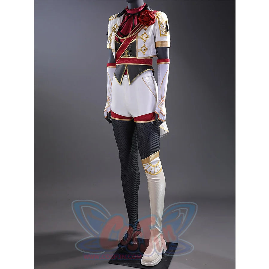Front view of Maelle cosplay costume featuring white jacket, red sash, gold details, and thigh-high boots
