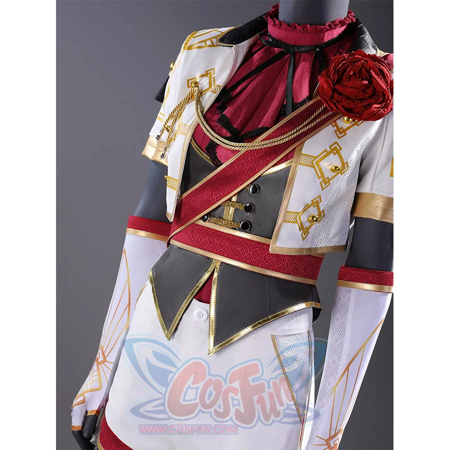 Close-up of Maelle cosplay costume torso showing red rose brooch, gold trim, and detailed sash