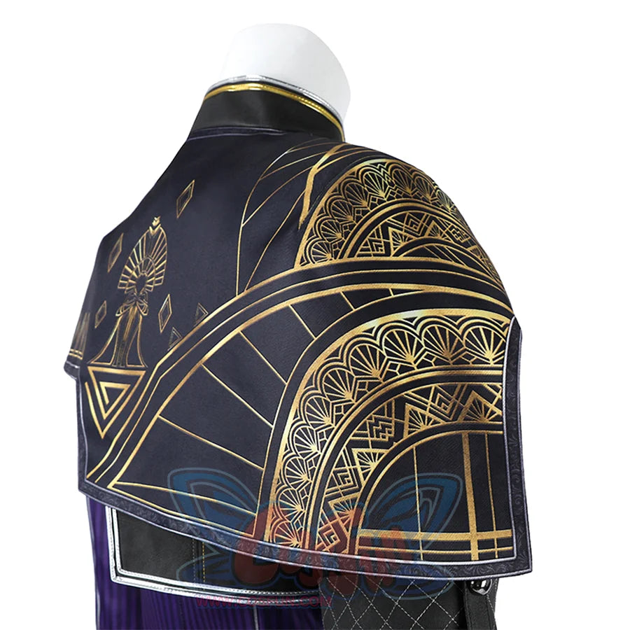 Right side of the Maelle overcoat adorned with golden geometric patterns.