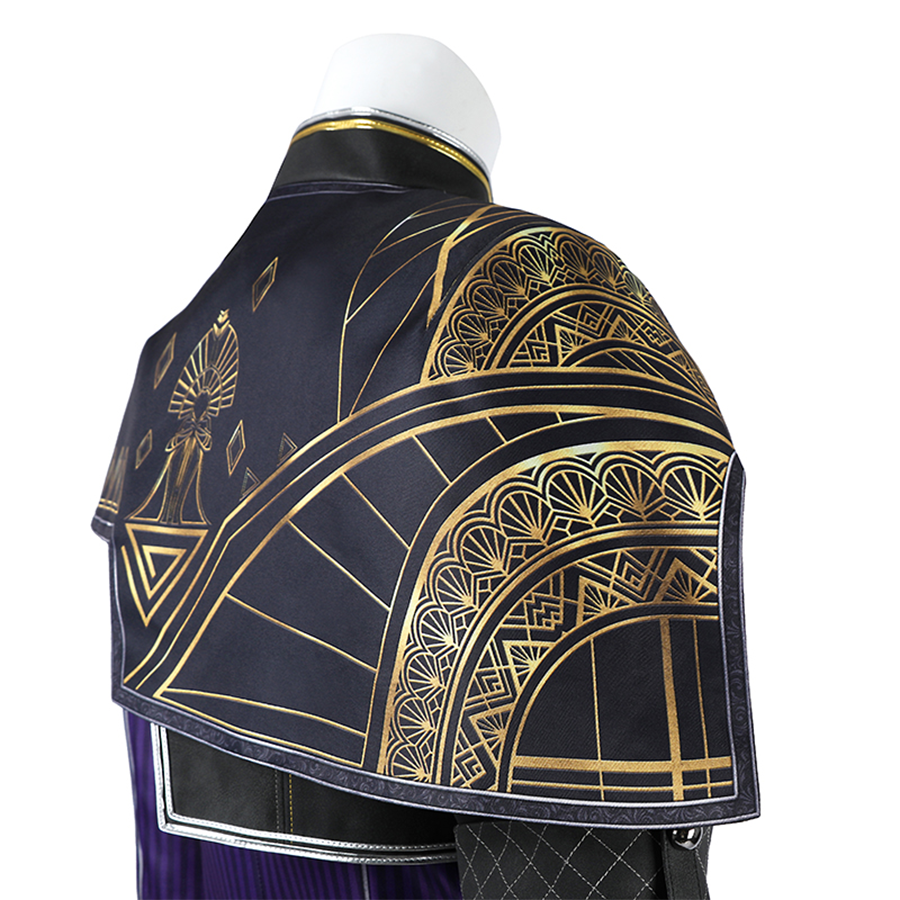 Right side of the Maelle overcoat adorned with golden geometric patterns.