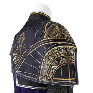 Right side of the Maelle overcoat adorned with golden geometric patterns.