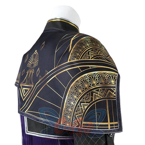 Right side of the Maelle overcoat adorned with golden geometric patterns.