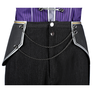 The pants are tailored to a slim fit, and the waist is adorned with metal buckles and chains.