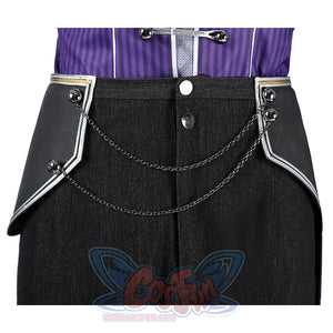 The pants are tailored to a slim fit, and the waist is adorned with metal buckles and chains.