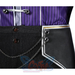 Maelle cosplay costume's pants detail, the waist is adorned with metal buckles and chains.