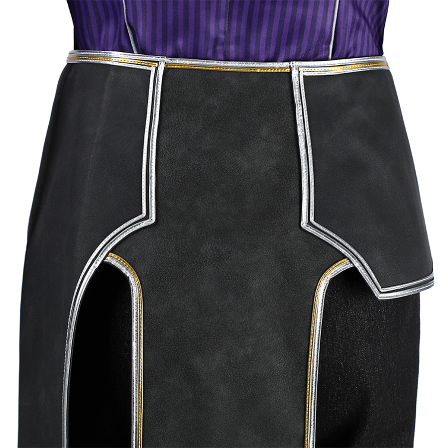 The pants have irregular frills with silver trim, side view.