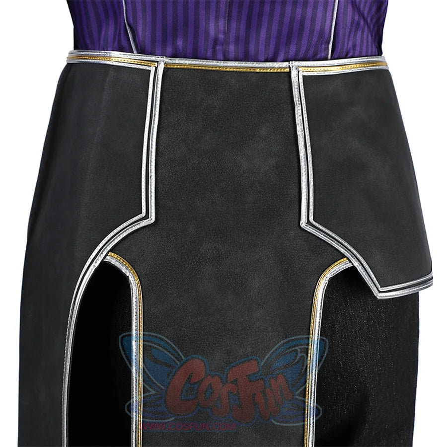 The pants have irregular frills with silver trim, side view.