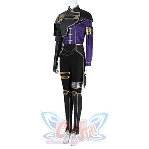 Maelle Cosplay Costume, black and purple outfit with golden and silver decoration, right side view.
