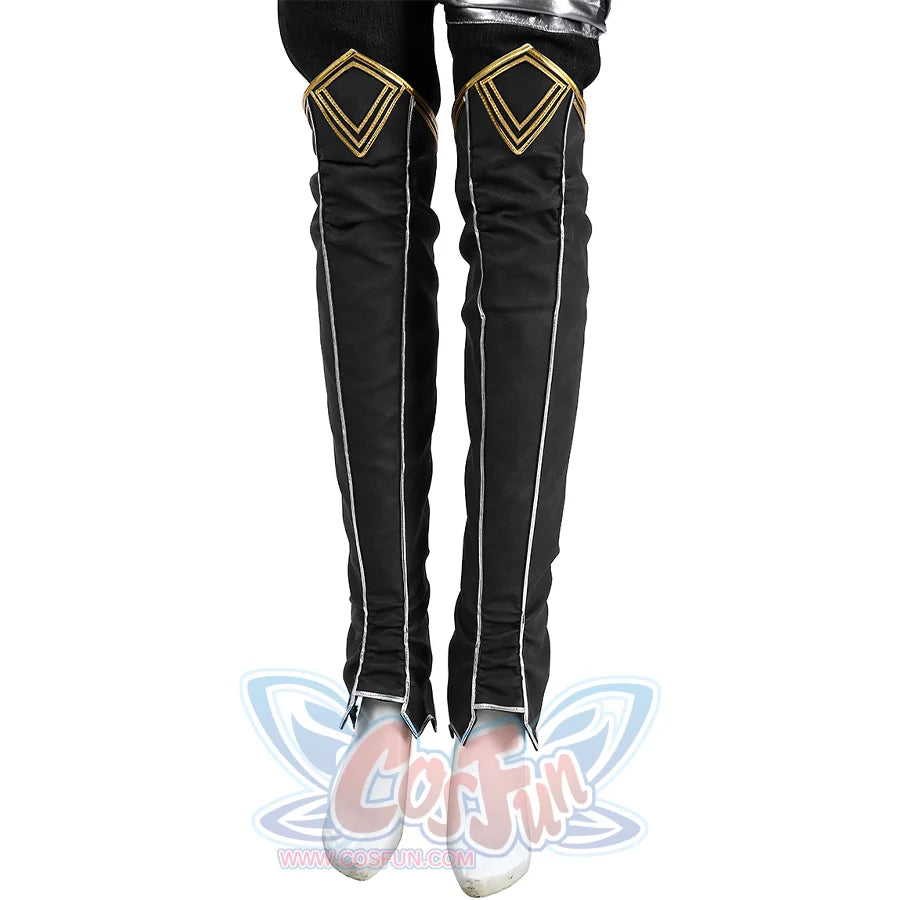 A pair of black knee-length leg warmers, with gold thread embellishments at the knees.