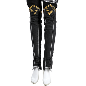 A pair of black knee-length leg warmers, with gold thread embellishments at the knees.