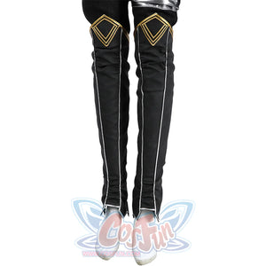 A pair of black knee-length leg warmers, with gold thread embellishments at the knees.