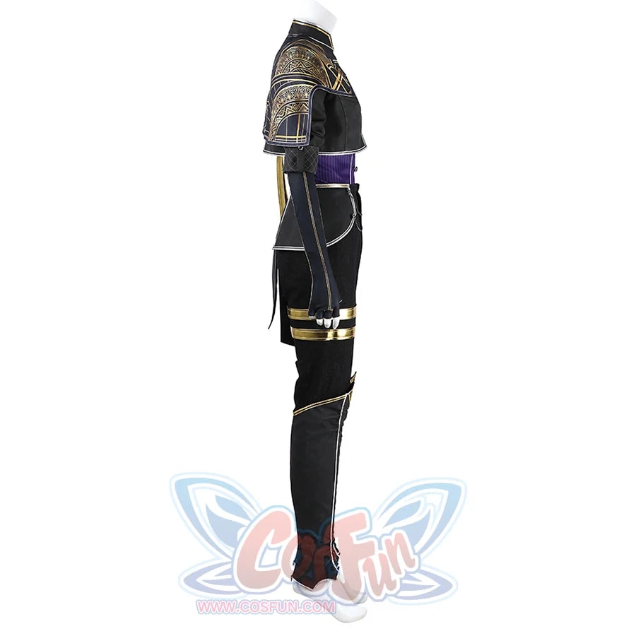 The side of the costume showcases intricate gold lines on the shoulders.