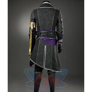 Clair Obscur: Expedition 33 Verso Cosplay Costume, back view of black coat and purple waist.
